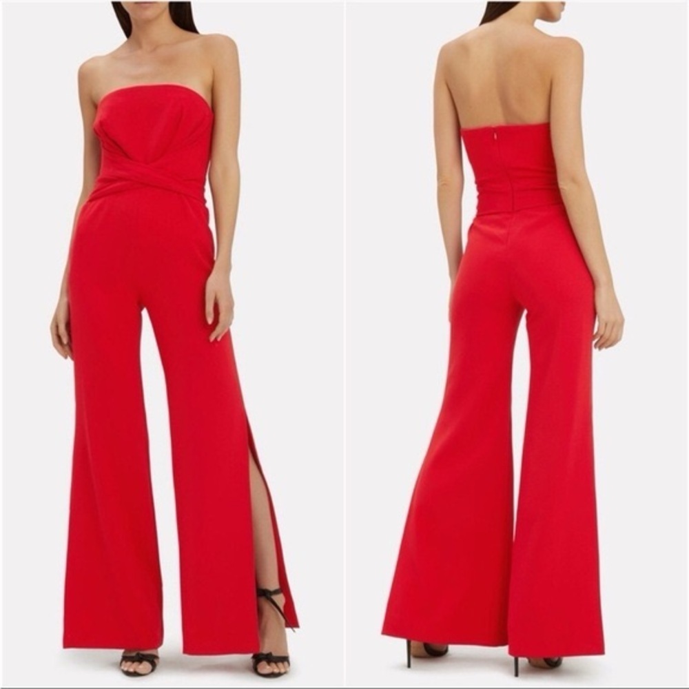 Jonathan Simkhai Strapless Red Twisted-Bodice Wide-Leg Jumpsuit